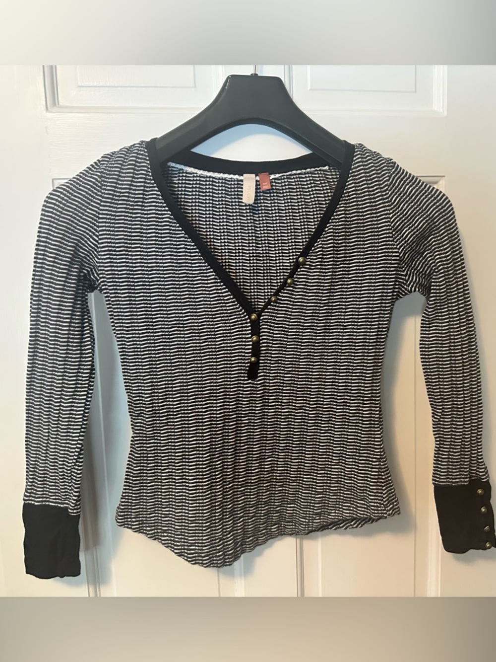 Pilcro by Anthropologie Black & White Striped Ribbed Henley Long Sleeve Top  XSP